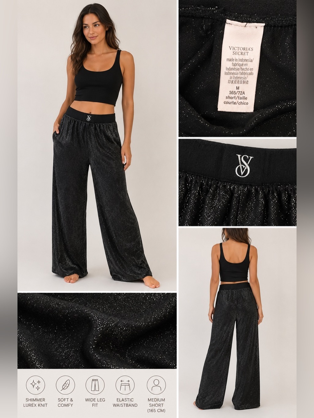 Victoria’s Secret Black Shimmer Lurex Wide Leg Lounge Pants | Medium Short